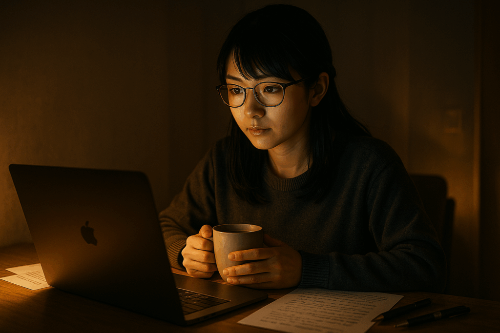暗い部屋でノートパソコンに向かい、コーヒーカップを手に真剣な表情で作業する女性。机には書類とペンが置かれている。