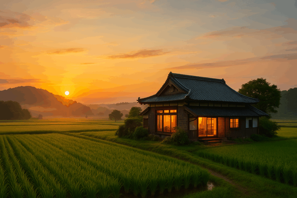 夕日が沈む田園風景の中に佇む日本の古民家。あたたかい光が室内から漏れ、穏やかな雰囲気を醸し出している。