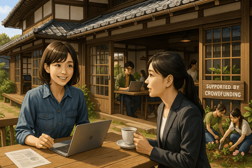 クラウドファンディングの支援を受けて改装された古民家の前で、ノートパソコンを使いながら話す2人の女性。背景には仕事やガーデニングをする人々。