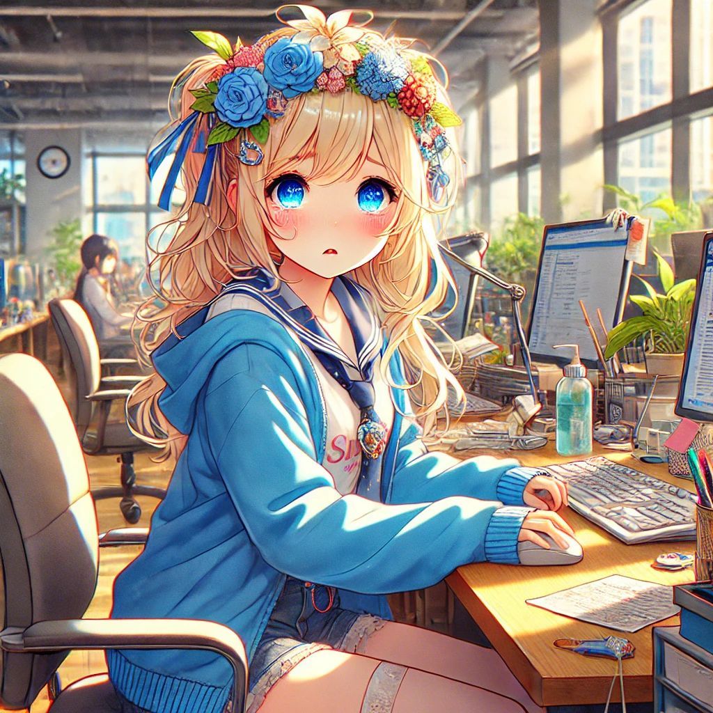青い花冠をかぶった金髪のアニメ風少女がオフィスでパソコン作業中に戸惑った表情を見せている