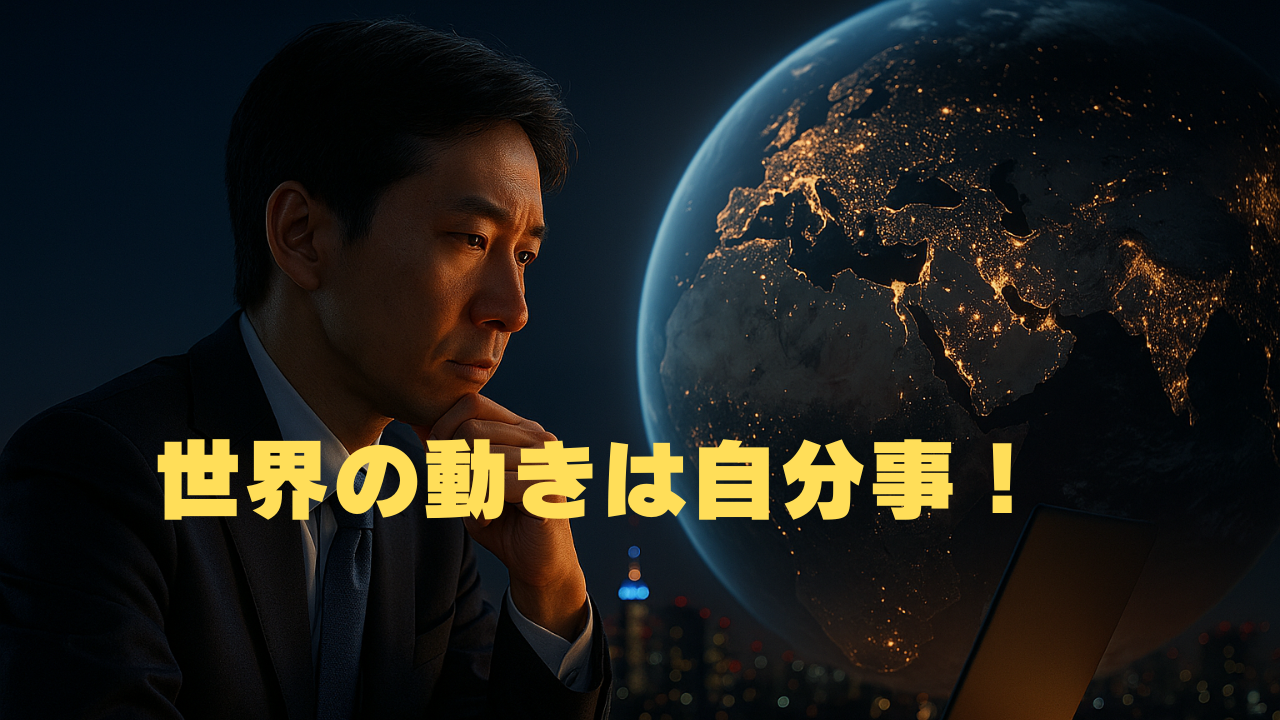 夜の都市を背景に、ノートパソコンに向かって真剣な表情で考えるスーツ姿の男性。背後には光る地球儀が浮かんでいる。