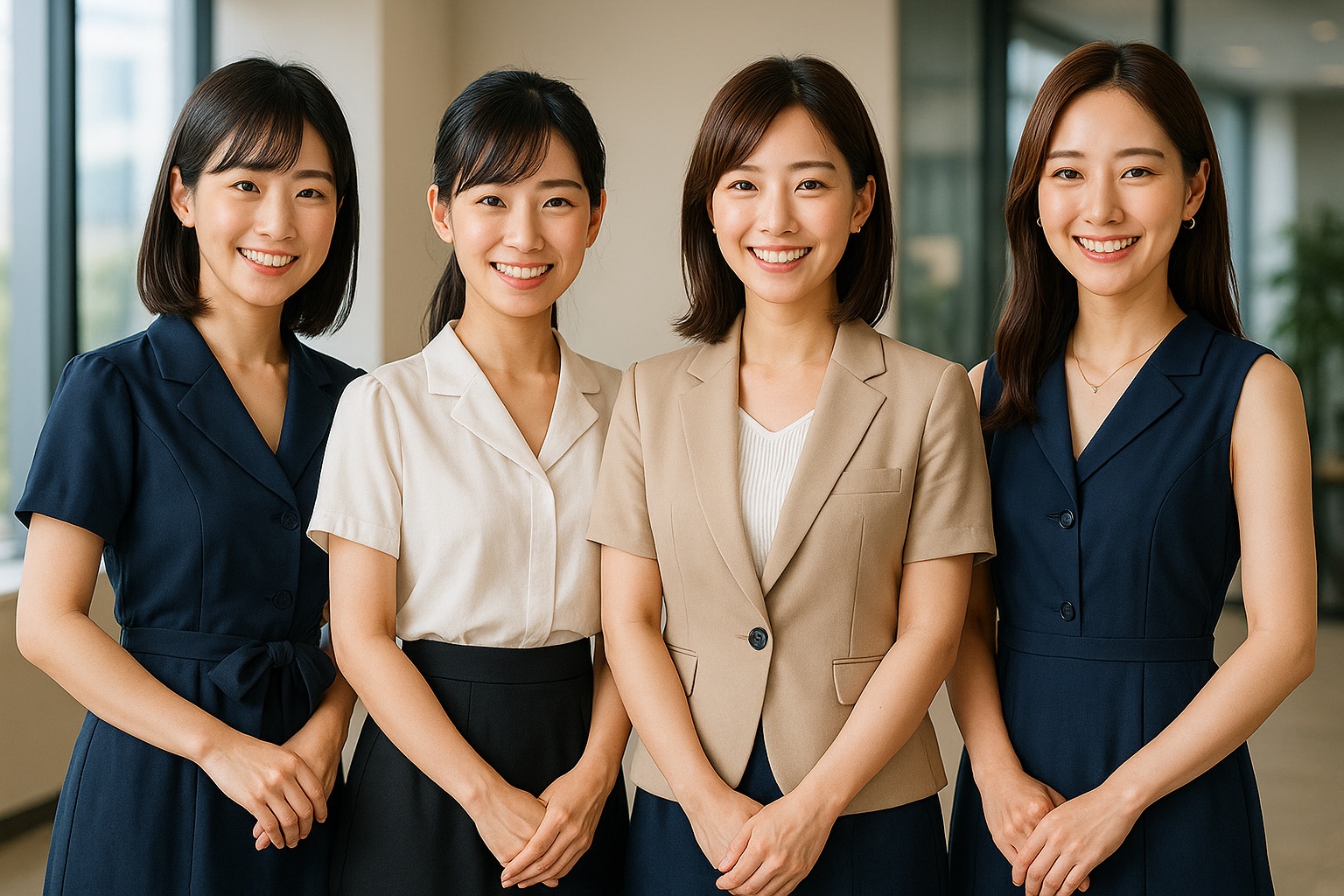 花が咲く野原で寄り添いながら笑顔を見せる4人の若い女性たちの写真