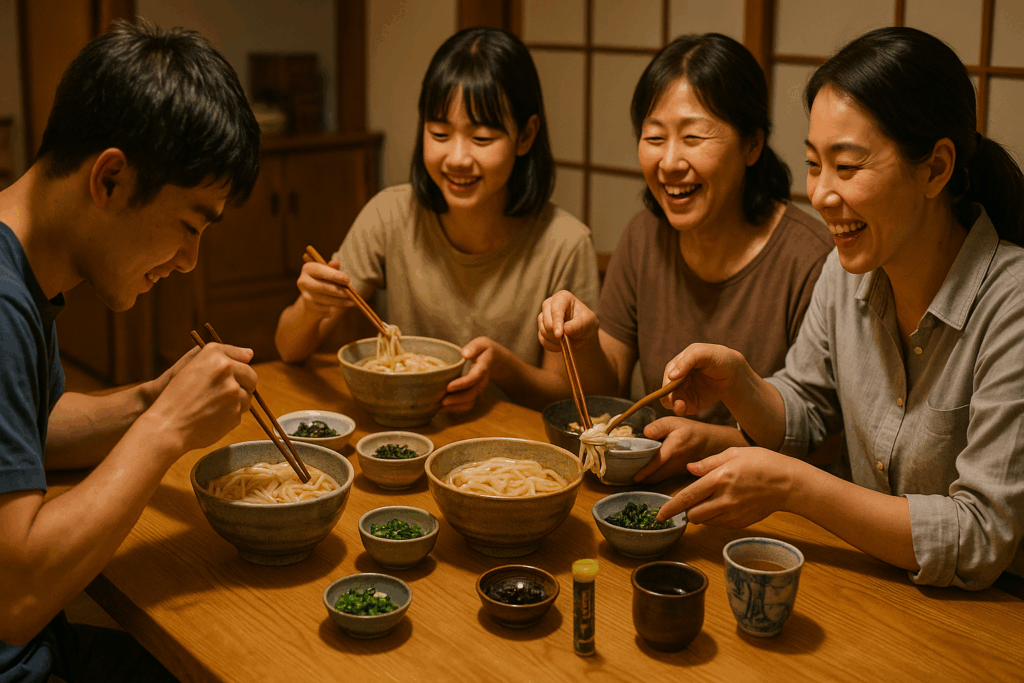 和室の食卓で家族がうどんを囲み、笑顔で会話しながら食事を楽しんでいる様子。