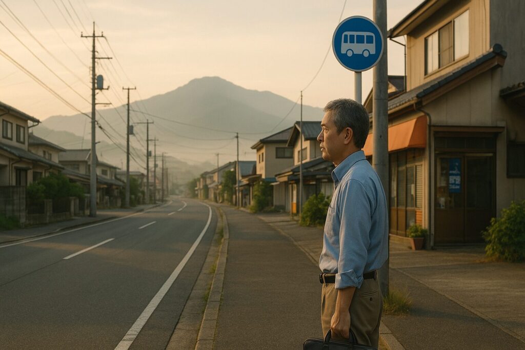 地方の静かな朝、民家や商店が並ぶ通りと遠くに広がる山や畑。中年の男性がバス停や歩道でたたずみ、穏やかな風景を見つめている、繊細な表現の4K高画質イメージ写真。