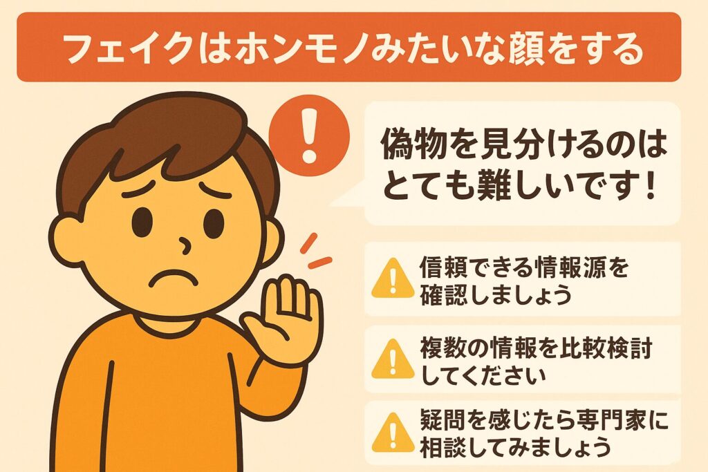 困った表情の男の子のイラストとともに、「フェイクはホンモノみたいな顔をする」「偽物を見分けるのはとても難しいです!」というメッセージ、信頼できる情報源の確認や複数情報の比較、専門家への相談を促す注意事項が書かれている。