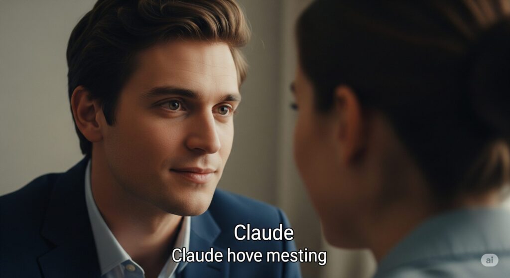 男性が真剣な表情で女性と向き合って話しているシーン。「Claude」と「Claude hove mesting」という字幕が表示されている。