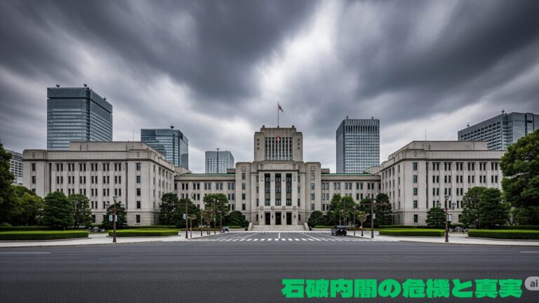 曇天の下に佇む日本の政府庁舎と「石破内閣の危機と真実」の文字
