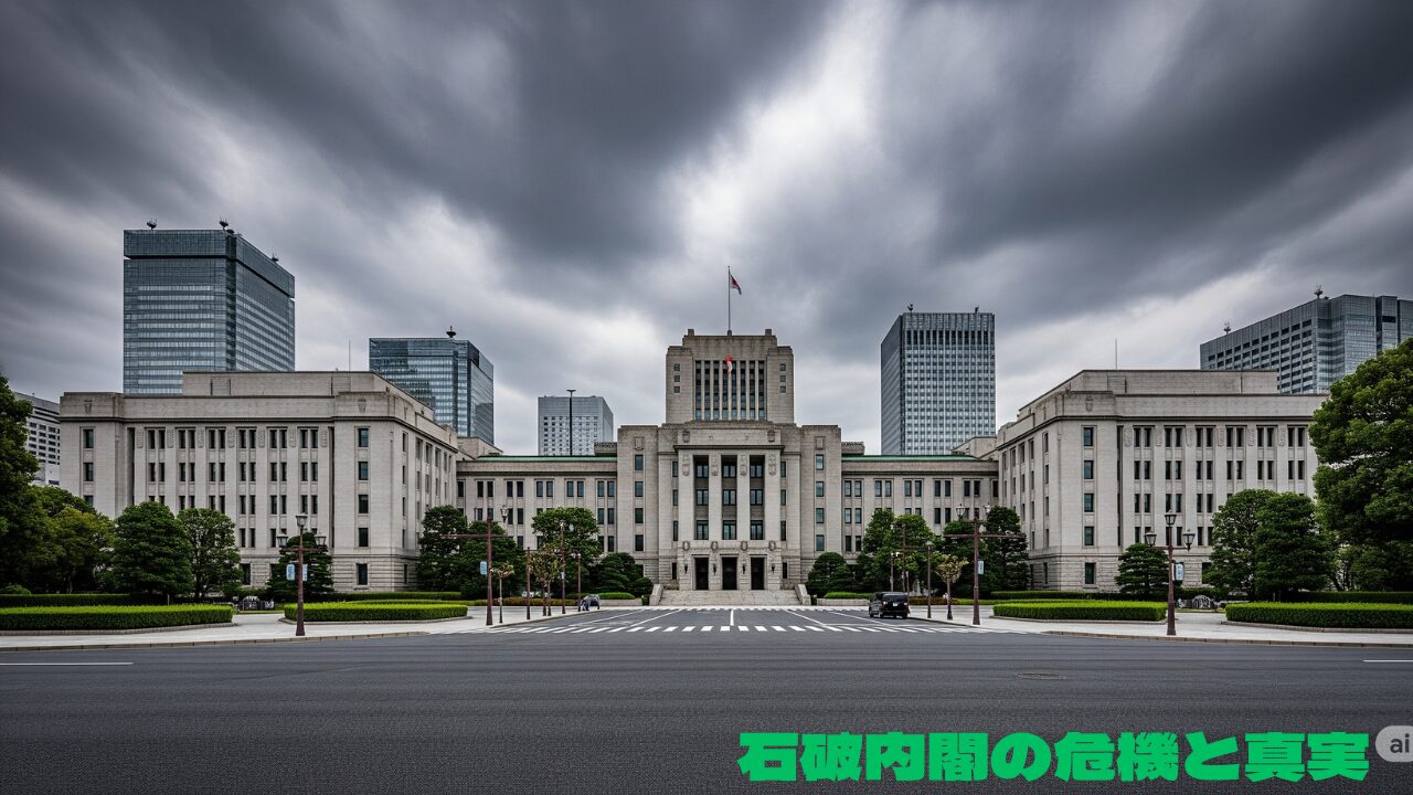 曇天の下に佇む日本の政府庁舎と「石破内閣の危機と真実」の文字