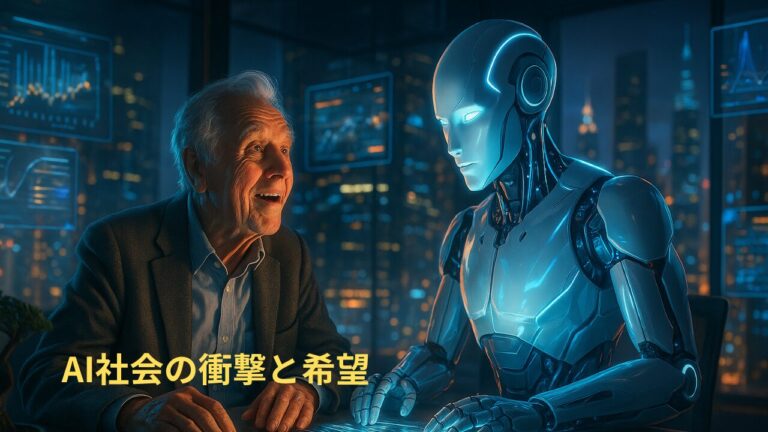 夜の都会を背景に、年配の男性と人型AIロボットがテーブル越しに向かい合って会話をしている。周囲にはホログラム風のデジタルグラフが表示され、未来的な雰囲気。