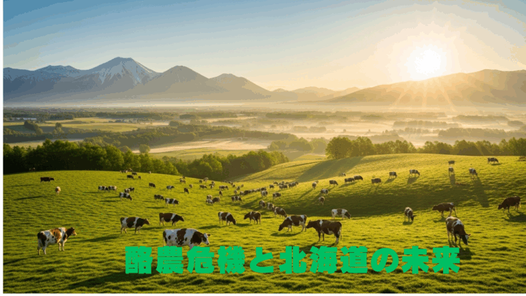 広大な緑の牧草地に牛が放牧され、遠くには雪山と朝日が輝く北海道の風景。中央下部に「酪農危機と北海道の未来」と書かれている。