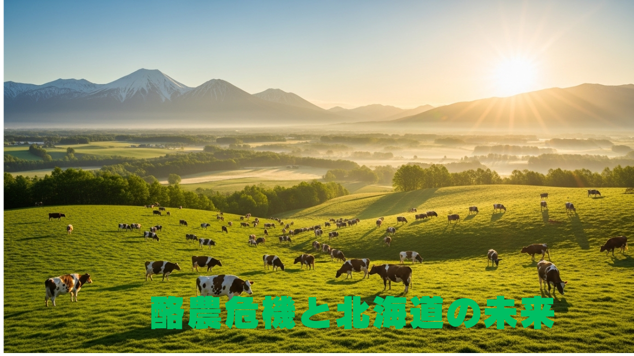 広大な緑の牧草地に牛が放牧され、遠くには雪山と朝日が輝く北海道の風景。中央下部に「酪農危機と北海道の未来」と書かれている。