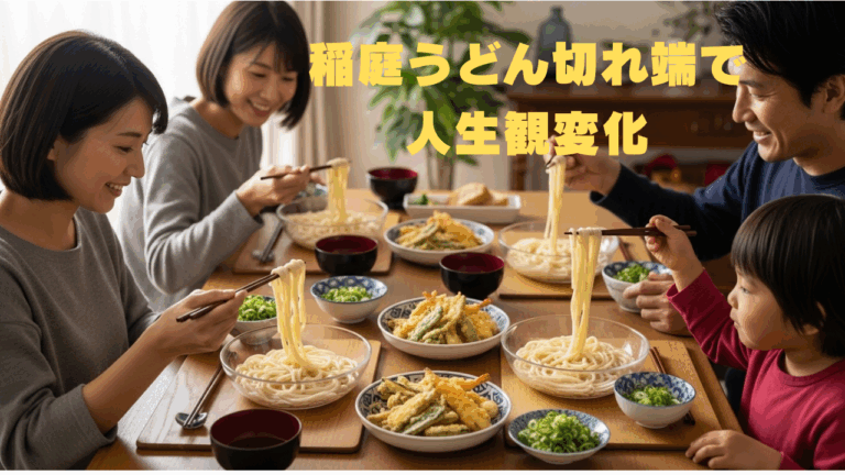 家族がテーブルを囲み、稲庭うどんと天ぷらを楽しみながら笑顔で食事している様子。中央に「稲庭うどん切れ端で人生観変化」という文字が表示されている。