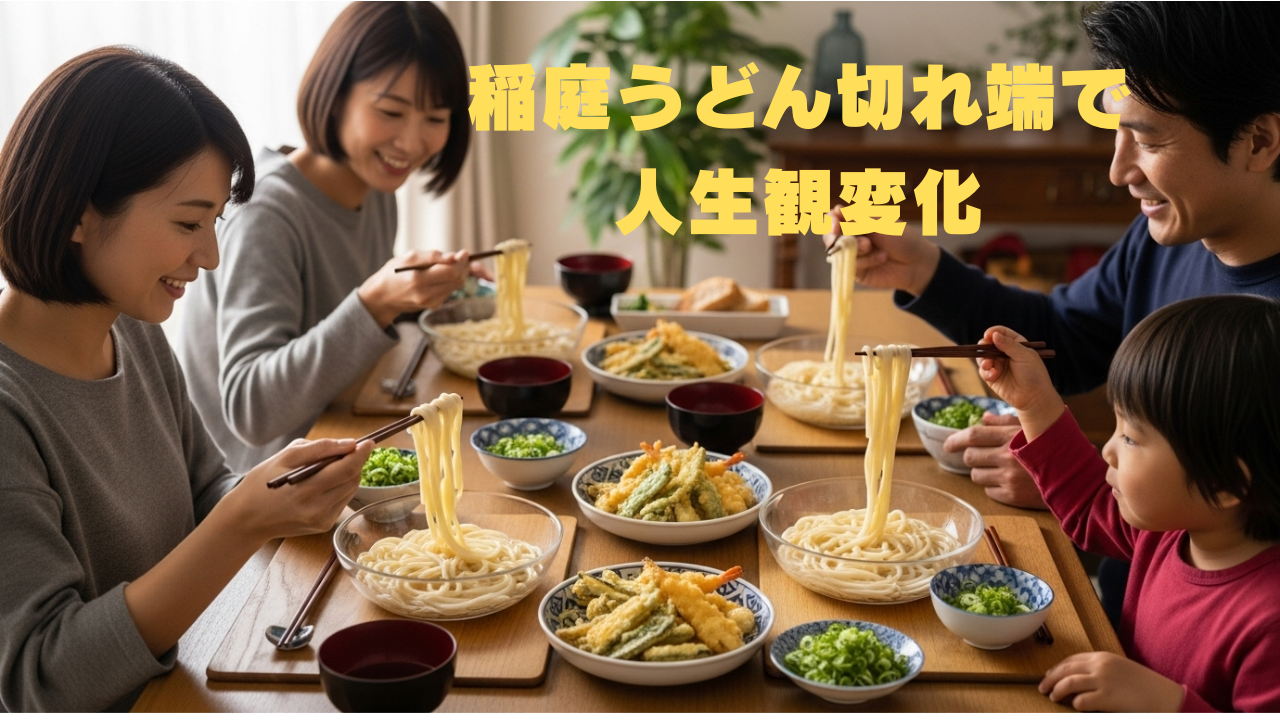 家族がテーブルを囲み、稲庭うどんと天ぷらを楽しみながら笑顔で食事している様子。中央に「稲庭うどん切れ端で人生観変化」という文字が表示されている。