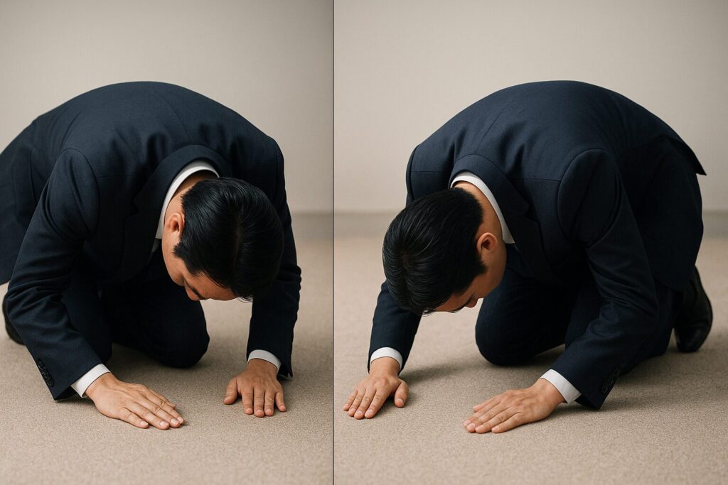 床に手をつき深く頭を下げている紺色のスーツを着たビジネスマン