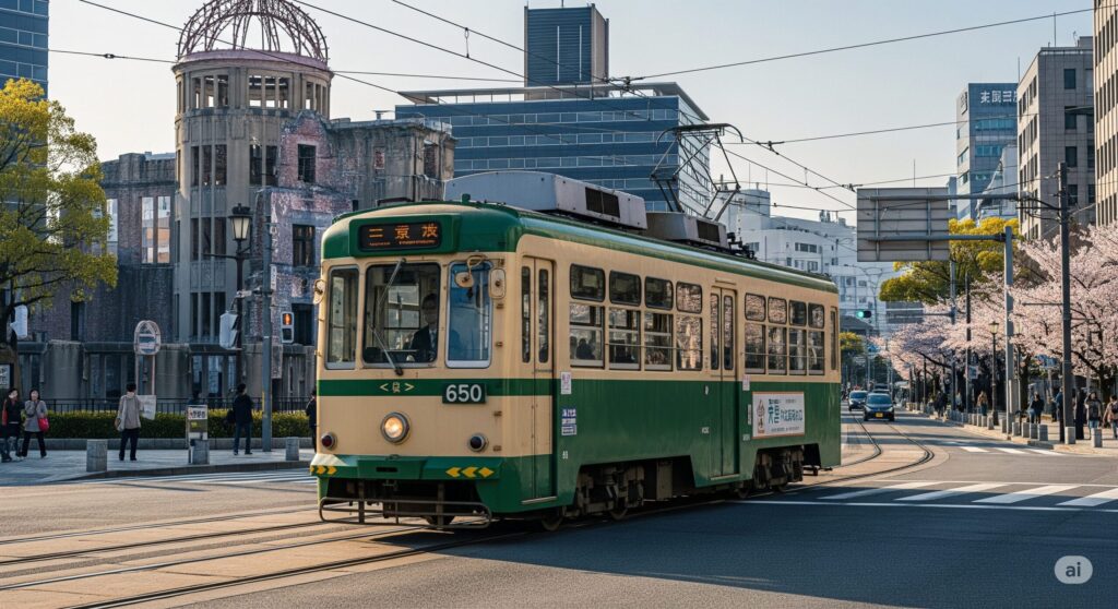 春、桜が咲く広島の街を走る緑とクリーム色の路面電車。背景には原爆ドームが見える。