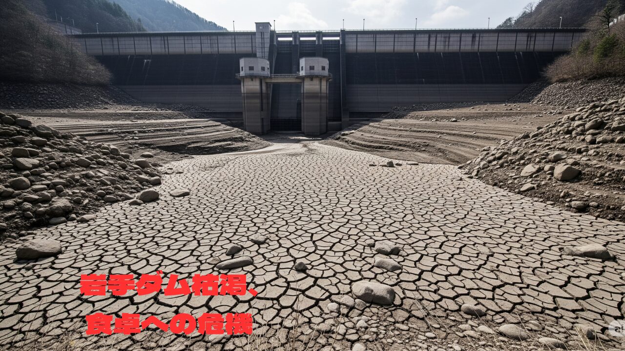 ダムの貯水池が枯渇し、底の地面が乾燥してひび割れている。背景には巨大なダムの堰堤（えんてい）が見える。