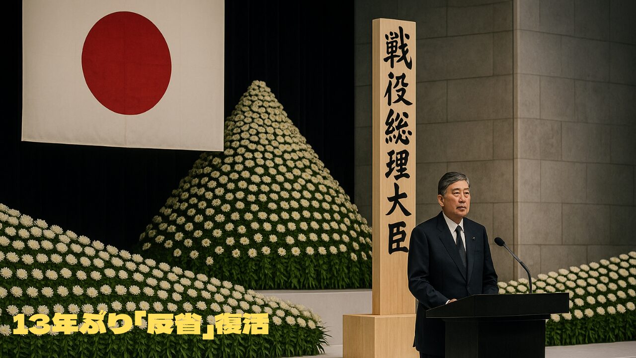 全国戦没者追悼式で、総理大臣が式辞を述べている。背景には菊の祭壇と日の丸がある。「13年ぶり「反省」復活」という文字が入っている
