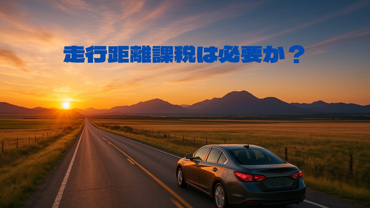 夕日の中、長い一本道を走る乗用車。「走行距離課税は必要か？」という青い文字が書かれている。