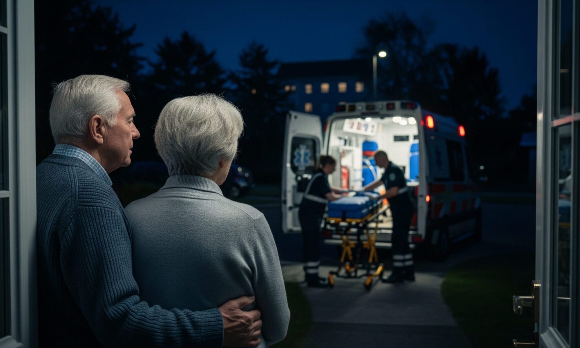 夜、家の戸口に立ち、救急車とストレッチャーを準備する救急隊員を心配そうに見つめる高齢の夫婦。