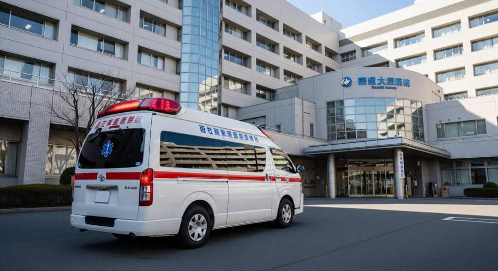 晴れた日の昼間、大きな病院の正面玄関前に停車している日本の救急車。