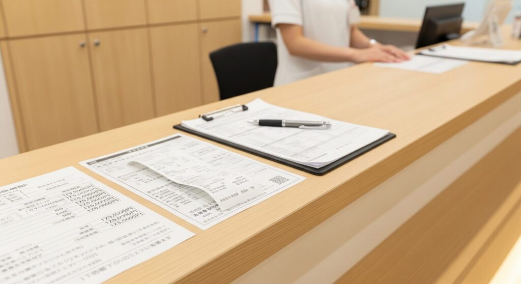 クリニックの受付カウンター。木製のカウンターの上に問診票や料金表などの書類、クリップボード、ペンが置かれており、奥では白衣を着たスタッフがパソコンで作業している。