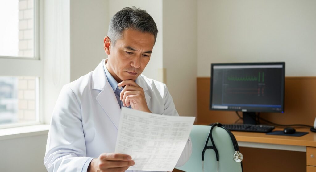 診察室で白衣を着た中年の男性医師が、手にした書類を真剣な表情で読み込んでいる。後ろには心電図のような波形が表示されたモニターと聴診器がある。