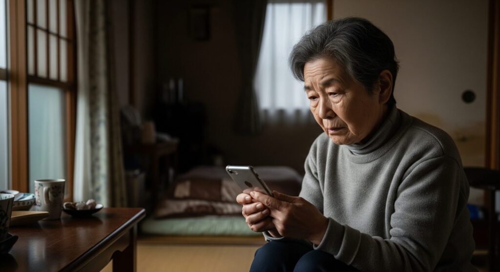 薄暗い和室で、高齢の女性が座り、不安そうな顔でスマートフォンの画面をじっと見ている。