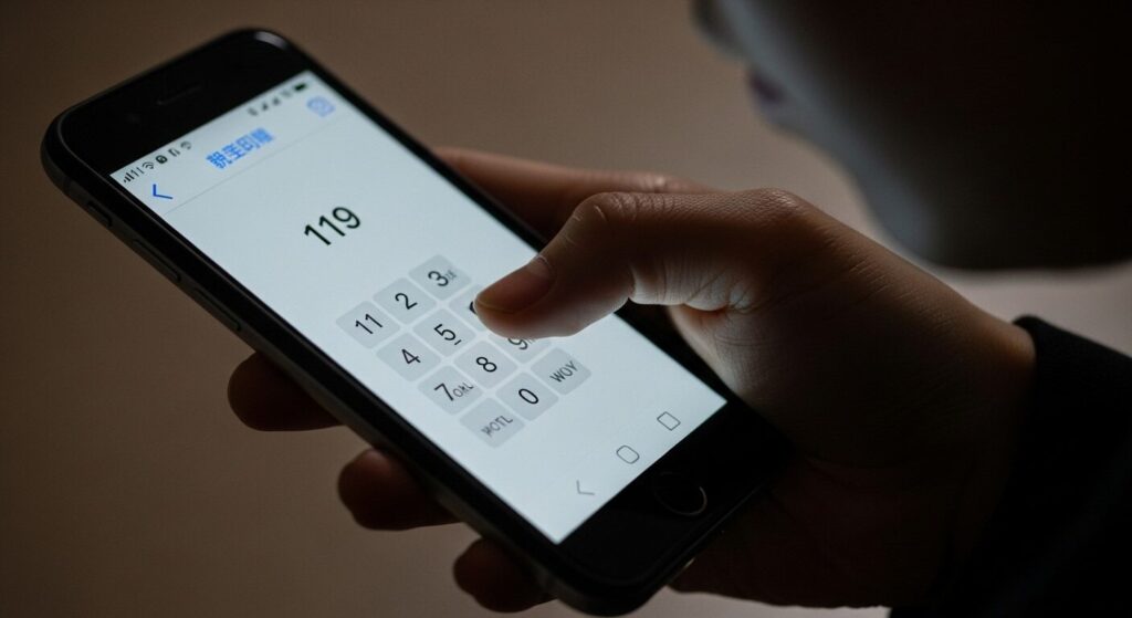 暗い中でスマートフォンを操作し、緊急通報番号である「119」をダイヤルしている手元のクローズアップ。