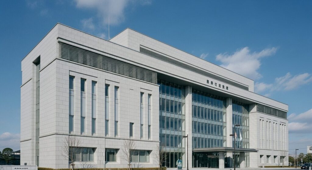 青空を背景に建つ、荘厳で近代的なデザインの日本の最高裁判所の外観。